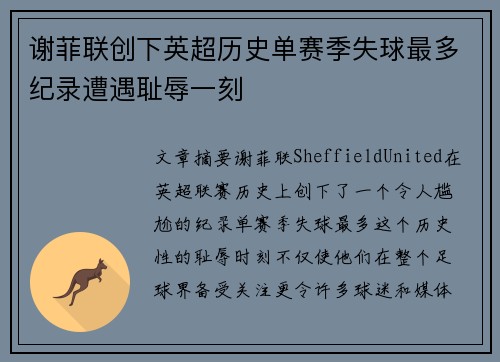 谢菲联创下英超历史单赛季失球最多纪录遭遇耻辱一刻